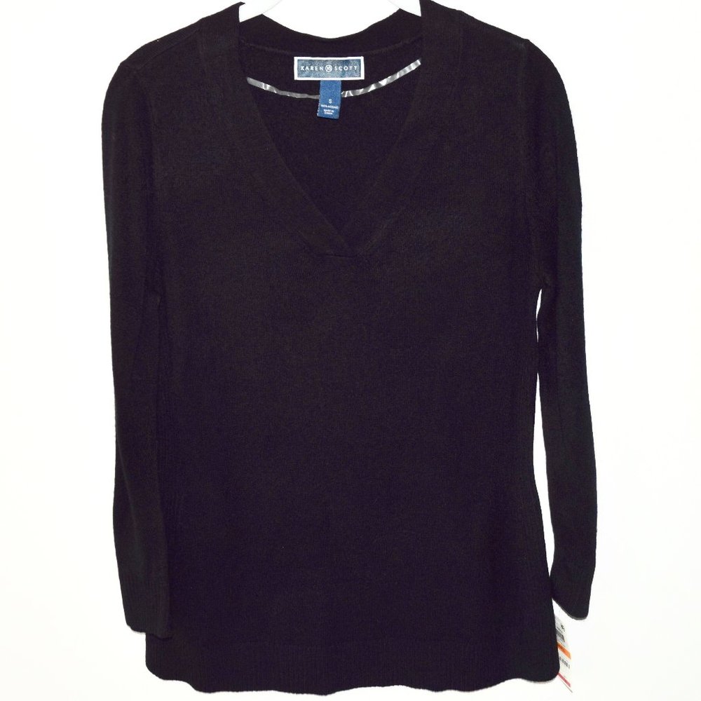 NEW Karen Scott Long Sleeve V-Neck Black Sweater - Small